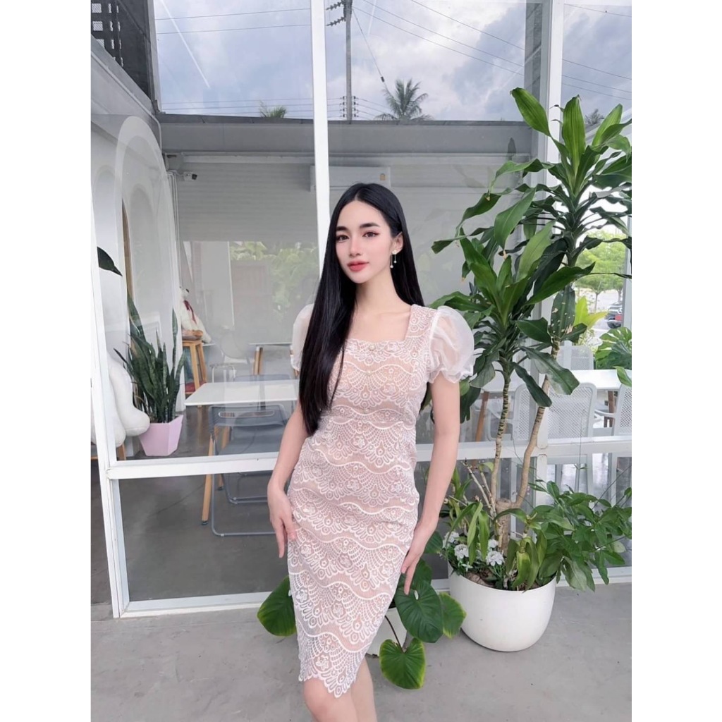 3135 เดรสออกงาน แขนพองผ้าแก้วปักลาย มีซับทั้งตัว