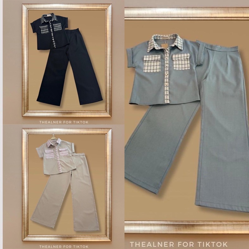 The Alner - เซ็ตเสื้อเชิ้ตแขนสั้นแต่งผ้าทวีต + กางเกงขายาว