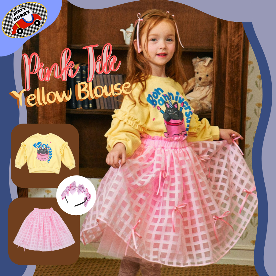 BeBe (mattburry ของแท้ พร้อมส่ง นำเข้าเกาหลี) Pink tile skirt&Yellow blouse เสื้อแขนยาวสีเหลืองลายแมว กับกระโปรงชีฟอง