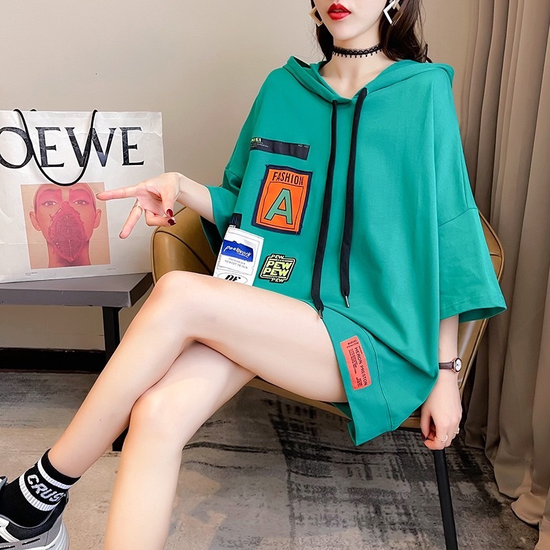 เสื้อแขนสั้นมีฮู๊ด Oversize {อก 50 นิ้ว} งานปักแต่งป้าย ผ้าคอตตอล ชาย/หญิง ใส่ได้ ผ้าคอตตอล A47