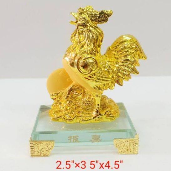 ไก่ทองยืนเหรียญทอง กระถาง ฐานแก้ว ของมงคลจีน สูง5นิ้ว รูปที่ 2