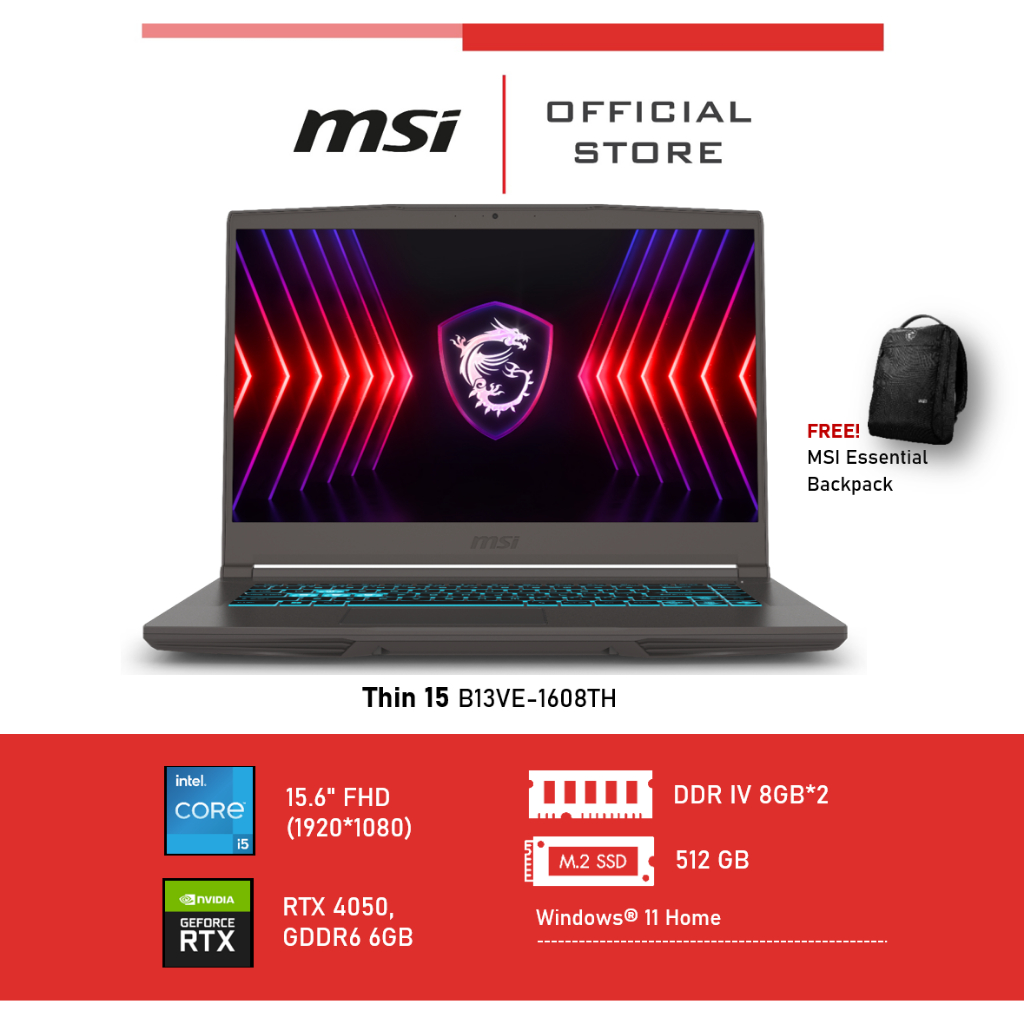 MSI Thin 15 B13VE-1608TH (15.6" FHD, RTX 4050, Memory:DDR IV 8GB*2) Notebook, Laptop