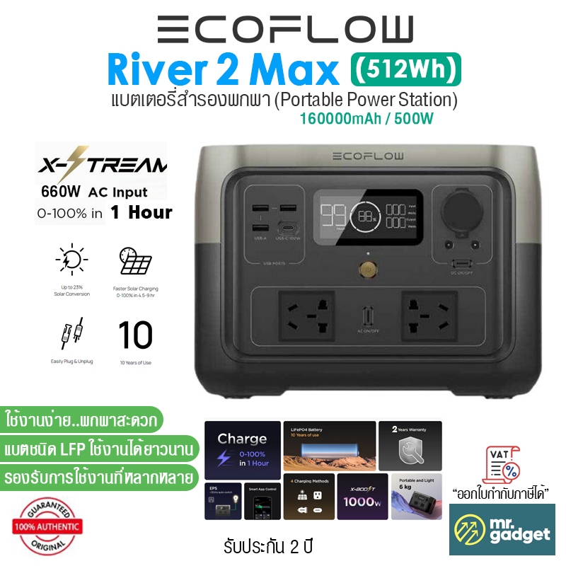 EcoFlow RIVER 2 Max แบตเตอรี่สำรองพกพา 512Wh Portable Power Station 500W รองรับการชาร์จเร็ว 0-100% ใน 1 ชั่วโมง
