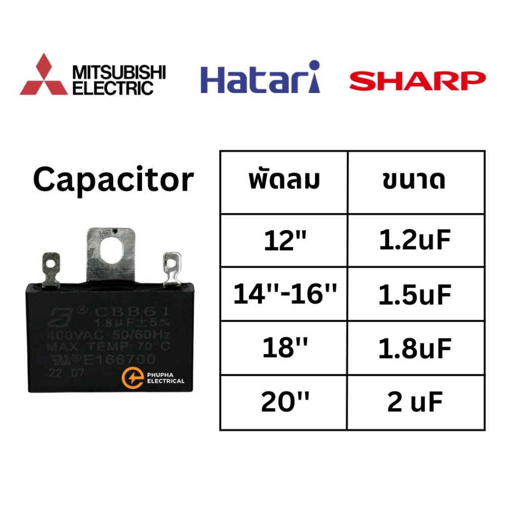 คาปาซิเตอร์ พัดลม HATARI SHARP MITSUBISHI คาปา CBB61 1.2/1.5uF/1.8/2uF