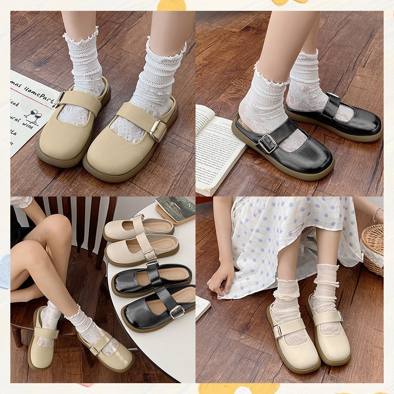 Luckkyshoes จัดไปของใหม่ รองเท้าแตะแบบสวมดีไซน์แฟชั่นสำหรับคุณผู้หญิง รุ่นนี้ทรงหัวปิดมีสายคาดเข็มขัดสวยมาก โทนสีดูดีเ