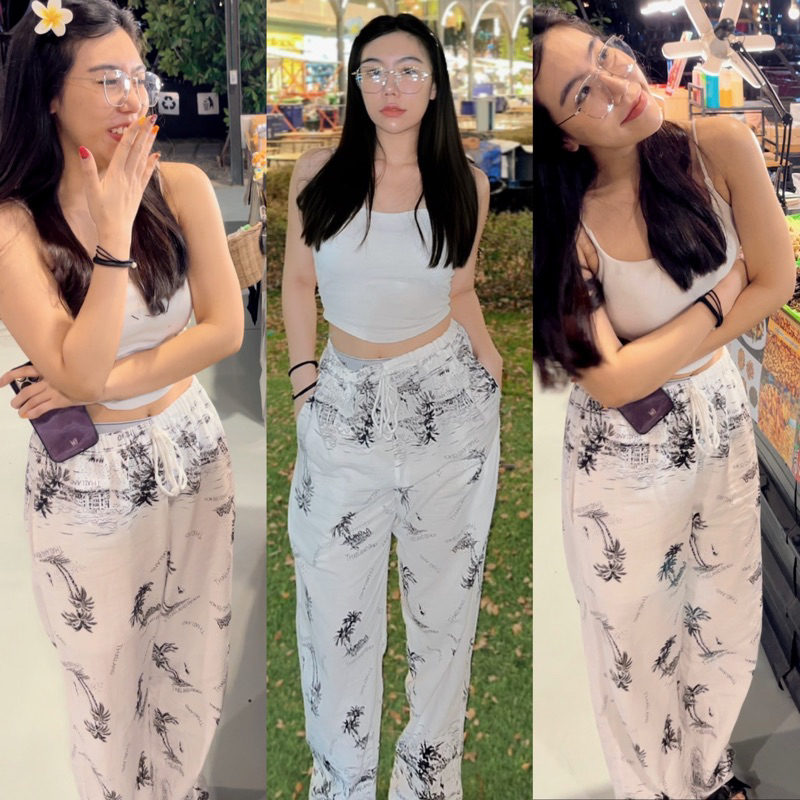 กางเกงผ้าฝ้ายพิมพ์ลาย  ขายาว ต้นมะพร้าว ใส่ได้ทั้งชายและหญิง
