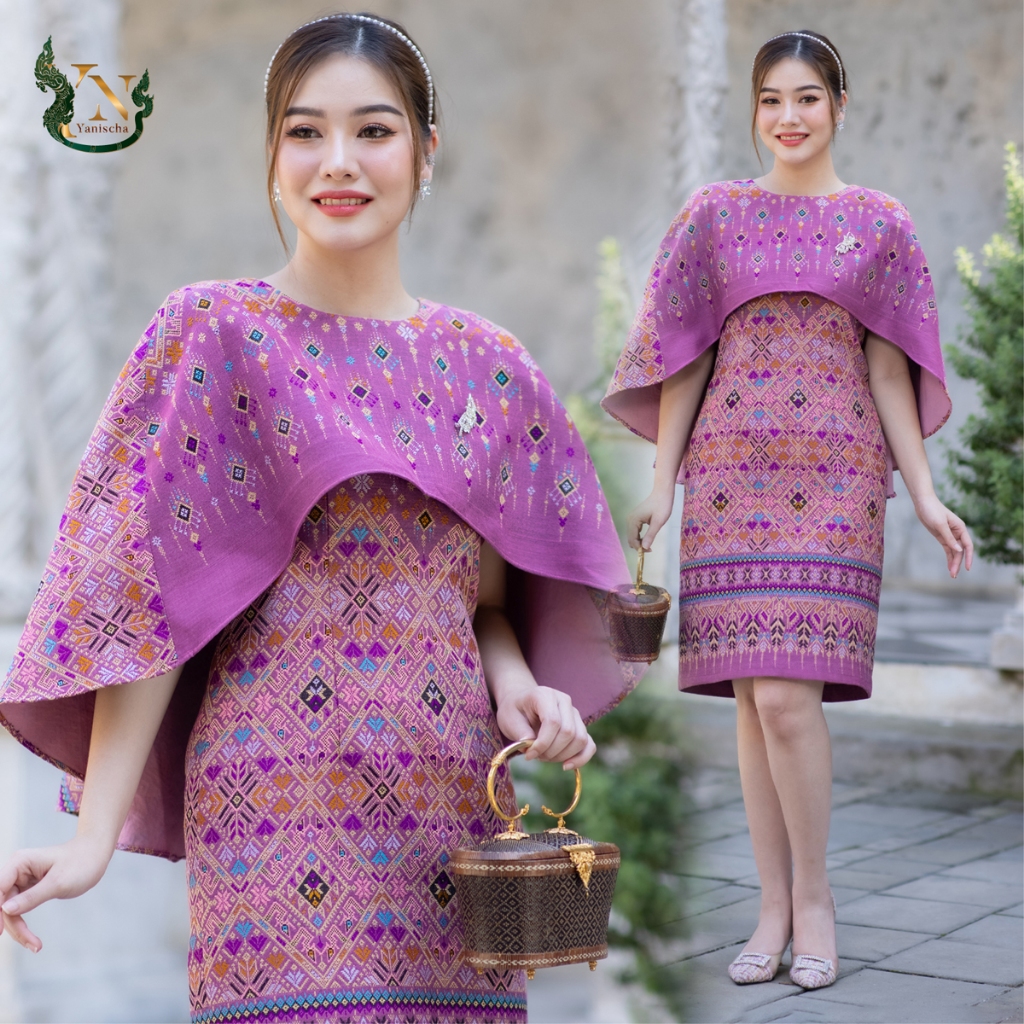 ชุดผ้าไหม ชุดออกงาน ไปวัด ทำบุญ - ชุดเดรส เมขลา ทรงปีกผีเสื้อ (ชมพู)