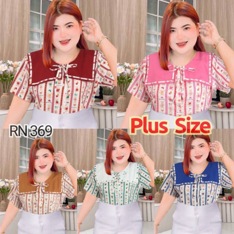 RN369.เสื้อแฟชั่นสาวอวบปกเหลี่ยม ผ้าลายริบบิ้นน้องหมี