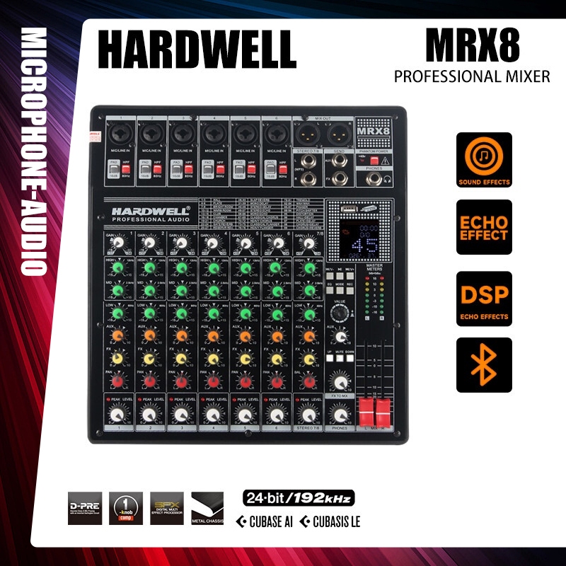 HARDWELL MRX8 มิกเซอร์แอมพลิฟายเออร์ระดับมืออาชีพ 8 แชนเนลพร้อมมิกเซอร์บันทึกและแอมพลิฟายเออร์บันทึก Bluetooth ในตัว เหม