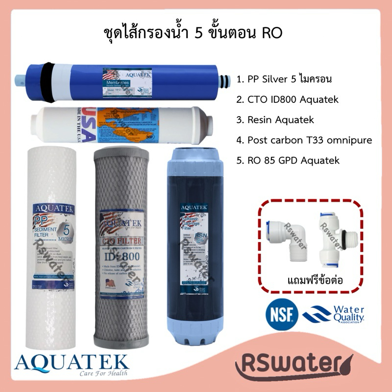 Aquatek ชุดไส้กรองน้ำ 5 ขั้นตอน อาร์โอ โพสต์คาร์บอน Omnipure แถมข้อต่อสำหรับติดตั้ง 2 ตัว RO Water Filter Set