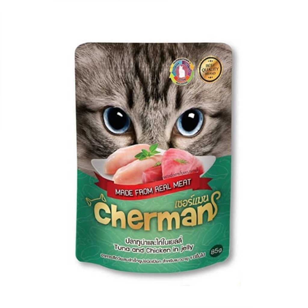Cherman อาหารเปียกในเยลลี่สำหรับแมว รสปลาทูน่าและไก่ (ซองเขียว) 1 ซอง 85g