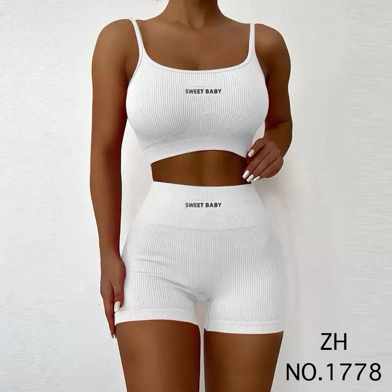 ZH.1778ชุดเซทสปอร์ตบราsweet babyงานผ้าร่อง13สี บราสปอร์ต+กางเกงขาสั้น ชุดโยคะ ชุดออกกำลังกายสำหรับผู้หญิง - รูปที่ 5