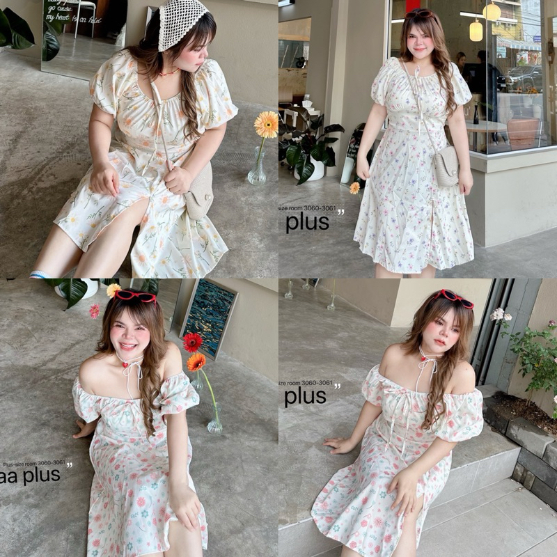 Linn พร้อมส่ง เดรสลายดอกไม้ เดรสสาวอวบ อก38-52นิ้ว plussize
