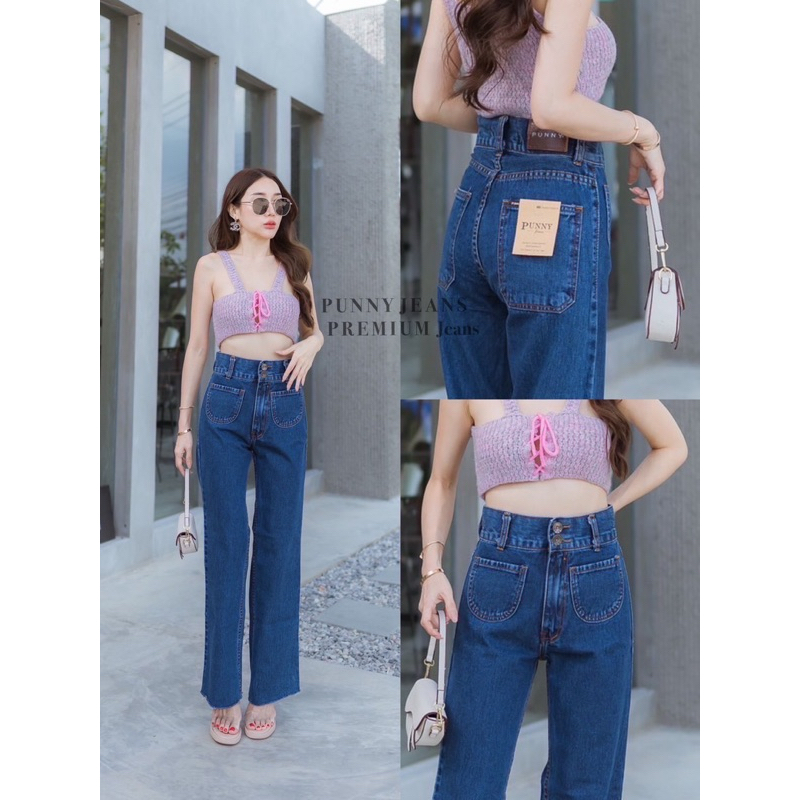 Punny jaens กางเกงยีนส์ขากระบอกตรง แปะกระเป๋าหน้า ผ้าไม่ยืด เอวสูงไมีไซด์ใหญ่S-40 - รูปที่ 2