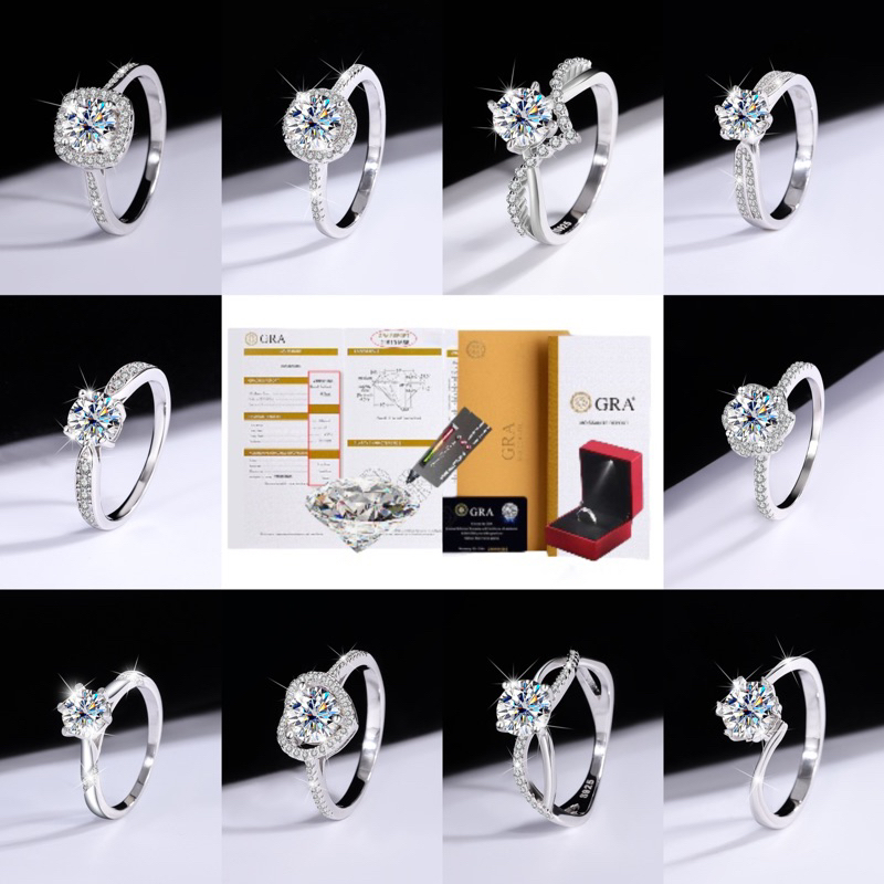 แหวนเพชรโมอีส(Moissanite) 1 กะรัต ตัวเรือนเงิน 92.5% ชุบทองคำขาว พร้อมใบเซอร์(จี้ผ่านปากกาตรวจเพชร) : M201-M214