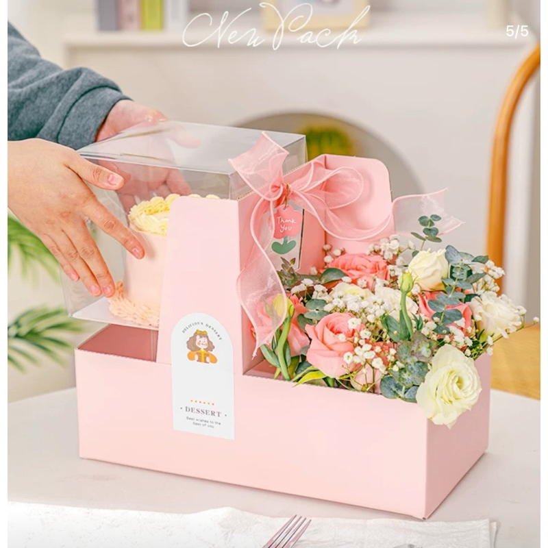 กล่องเค้กDIY[ส่งด่วน]กล่องจัดดอกไม้ DIY สไตล์เกาหลี มีหูหิ้วสะดวก กล่อง2in1สำหรับเค้กและดอกไม้ วันเกิด วันสำคัญ - รูปที่ 3