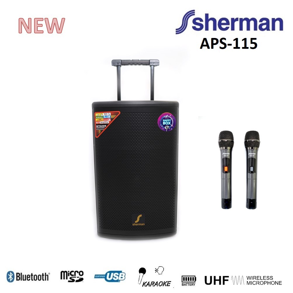 sherman APS-115 ชุดลำโพงอเนกประสงค์ขนาดใหญ่พร้อมด้วยไมโครโฟนไร้สาย UHF แบบไมค์คู่ มาพร้อมลำโพงวูฟเฟอ