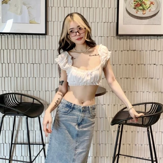 🌈SpinnyHouse🌈เสื้อครอปแขนตุ๊กตา แต่งโบว์ช่วงอกน่ารักมุ้งมิ้ง ผ้ามุ้งยืดเยอะ 🥴 สไตล์เวียดนามม้าก รุ่น โบว์รัก B-007-3-B