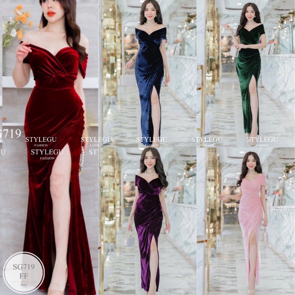 ES719 ชุดราตรี ปาดวีป้ายอกพรางแขน ผ้ากำมะหยี่ผ้ายืดได้เยอะ ซิปซ่อนหลัง