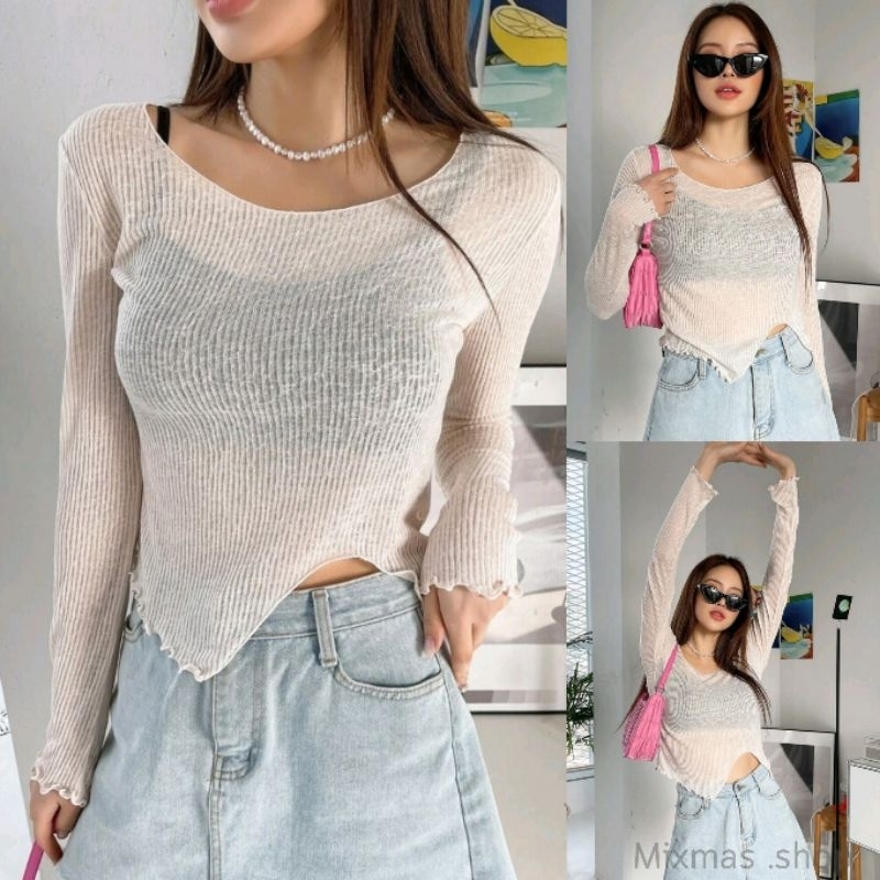 𝑴𝒊𝒙𝒎𝒂𝒔 🌿 เสื้อยืดแขนยาวบาง ขอบยัก 💥  พร้อมส่ง  S1 L1  💖