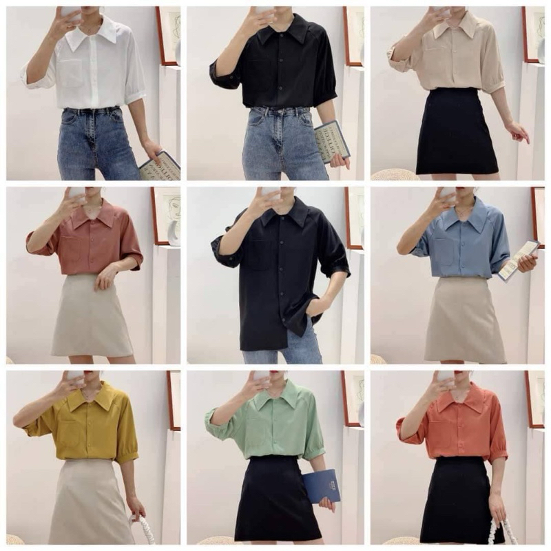 เสื้อเชิ้ต คอปก แขนสั้น ทรงตุ๊กตา แต่งกระเป๋า ใช้งานได้จริง อก38 ยาว25ง านป้ายFy