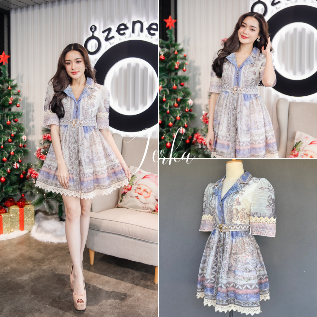 ชุดเดรสคอปกกระดุมหน้า มาพร้อมเข็มขัดสีทอง งานสวยพิมพ์ลาย งานสวยเนื้อผ้าดี *เผื่ออก* #code8006