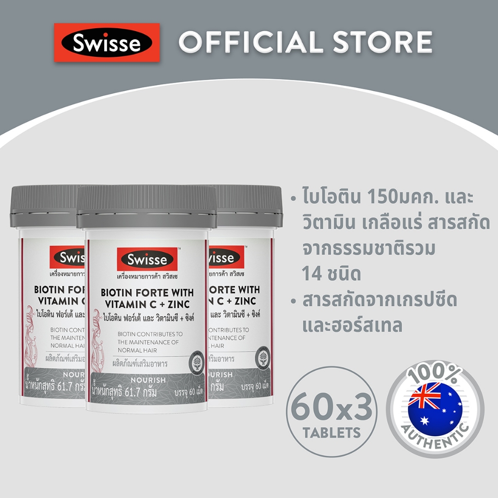 [แพ็คสุดคุ้ม x3 ] Swisse Biotin Forte With Vitamin C + Zinc ไบโอติน + ซิงค์