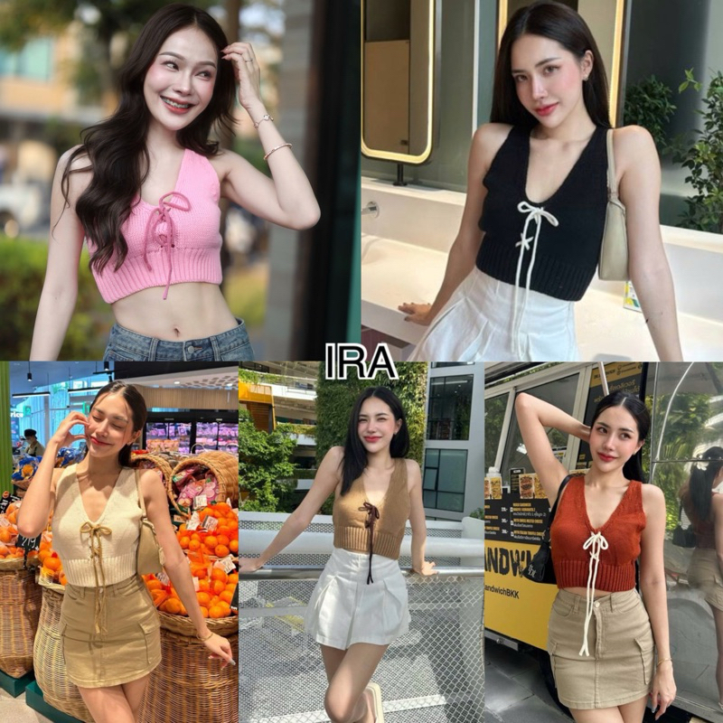 BY IRA Anna Knit Crop Top เสื้อครอปไหมพรม แขนกุดคอวี ดีเทลสายผูกโบว์สุดคิ้วว