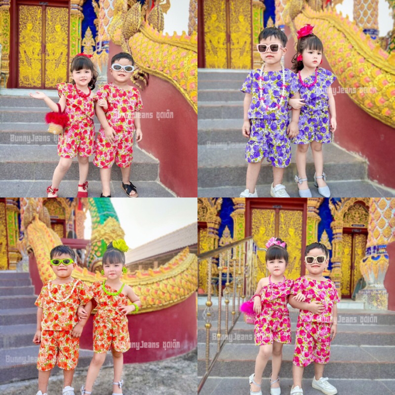 ชุดเด็กแฟชั่นลายดอก ชาย/หญิง ขาสั้น เอวสม็อก (เสื้อ+กางเกง)
