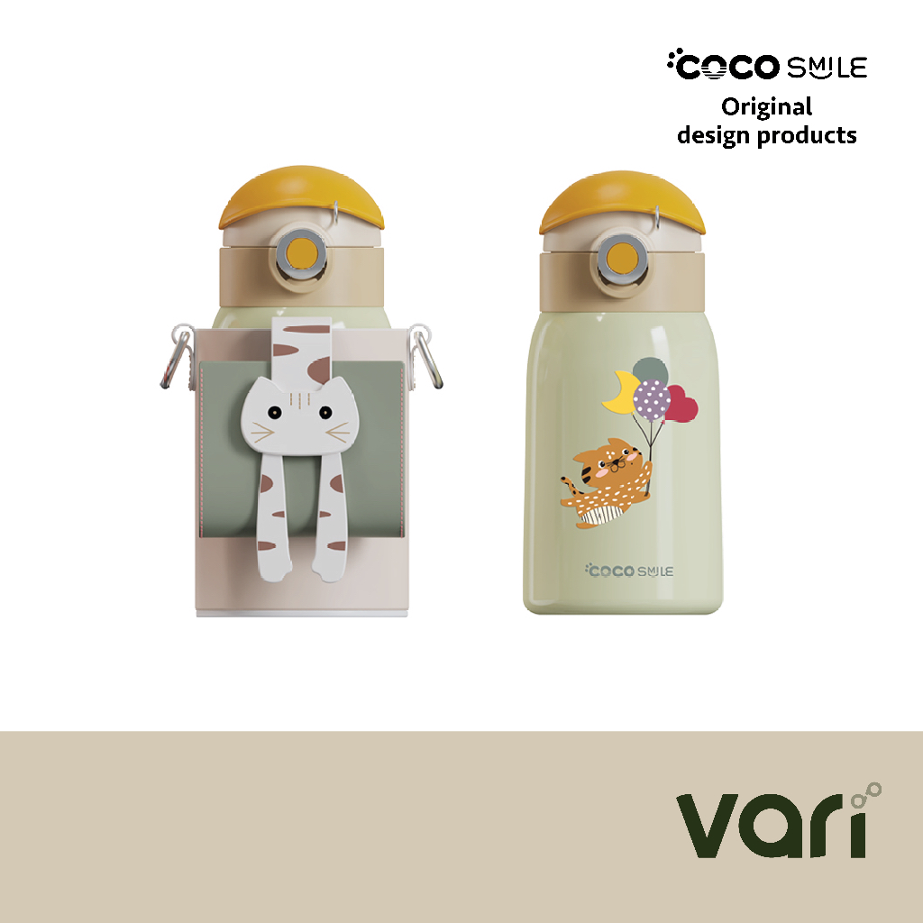 กระติกน้ำเด็กไม่มีหลอดแบบสแตนเลสเก็บอุณภูมิ สีขาว รุ่น Cap Bottle ลายการ์ตูนรูปแมวมีกระเป๋าขนาดเล็กเก็บของพร้อมสายสะพาย