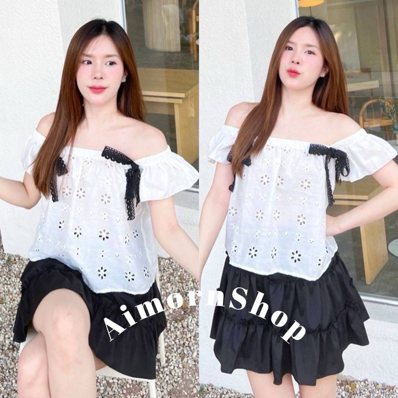 aimorn_shop ฉลุคอเหลี่ยมปักแน่นๆ แขนระบาย แต่งลูกไม้โครเช ผูกโบว์ น่ารักๆ