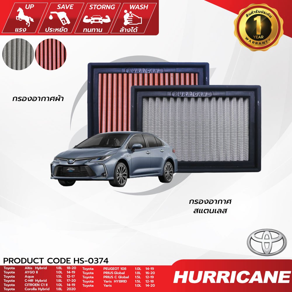 HURRICANE กรองอากาศรถยนต์ผ้าแดง & สแตนเลส Toyota HS-0374