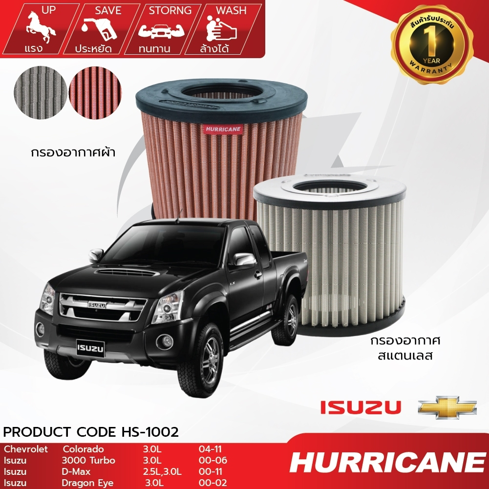 HURRICANE กรองอากาศรถยนต์ผ้าแดง & สแตนเลส Chevrolet Colorado , Isuzu ( D-Max ,Dragon Eye , 3000 ) HS-1002