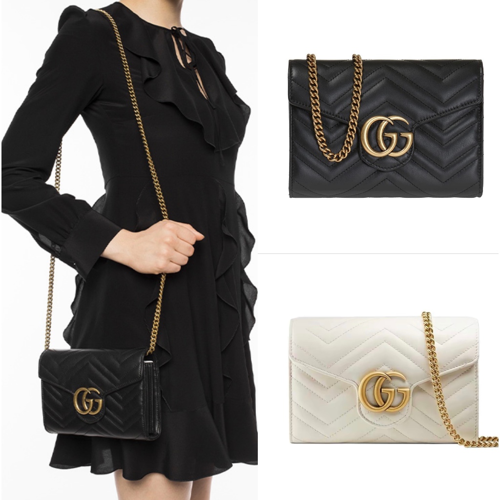 Gucci/GG Marmont/Quilted V-shape/หนังวัว/โซ่ WOC/กระเป๋าสตางค์/แท้ 100%