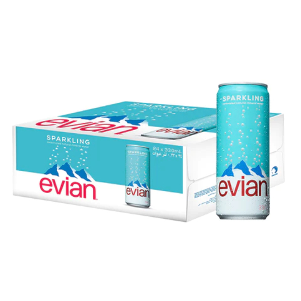 🌟พร้อมส่ง🌟Evian Sparkling Carbonated Natural Mineral 330 ml. 24 can น้ำแร่ Evian Sparkling 330 ml. 24 กระป๋อง
