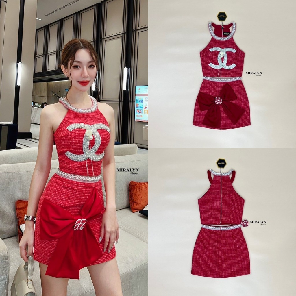 MRL049 Size L Miralyn Brand  Set 2 pcs ผ้าทวิตสีแดงแขนกุดเว้าแขนคอกลมแต่งด้วยอะไหล่มุกสลับเพชรรอบคอ