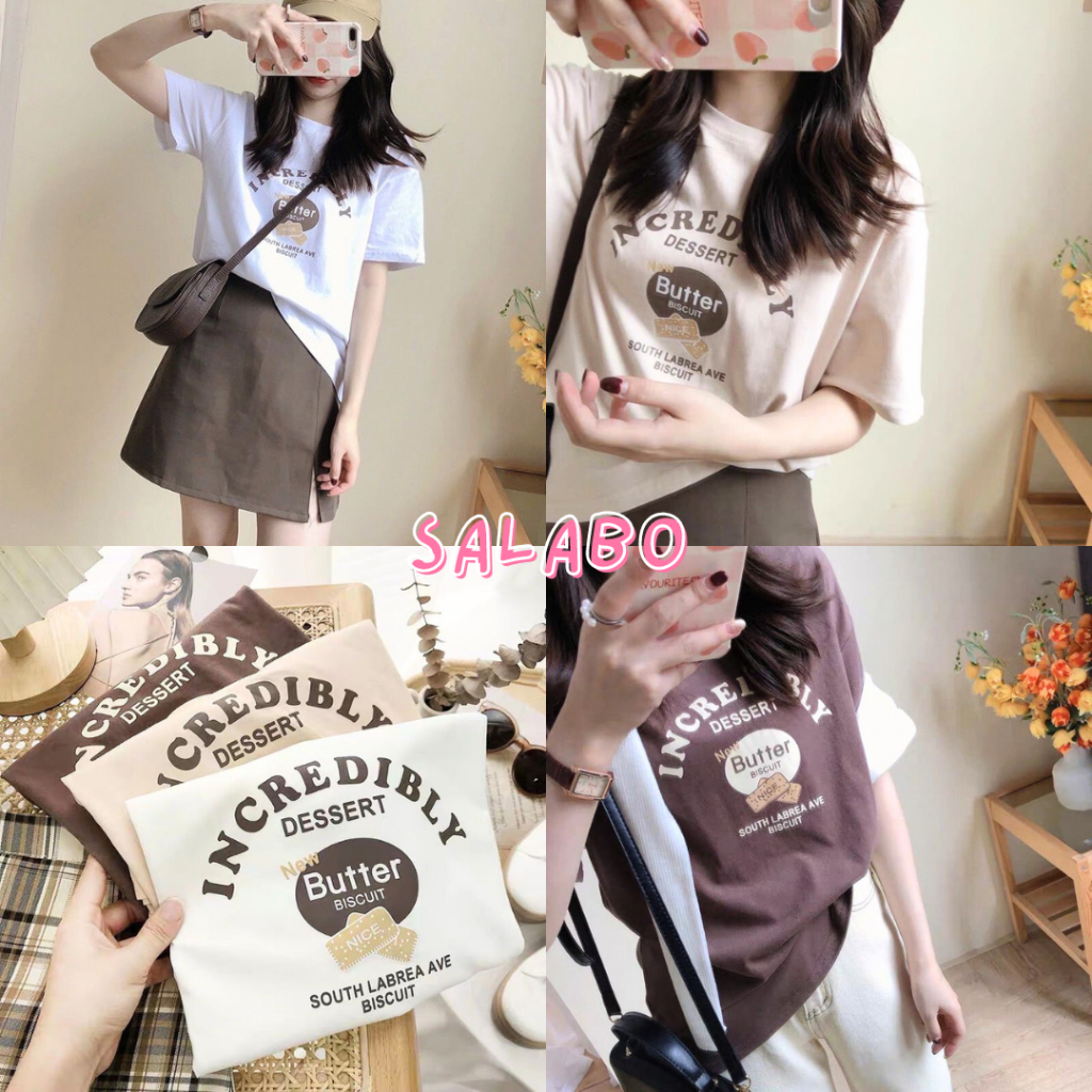 SALABO(พร้อมส่ง) เสื้อยืด สกรีนลาย ขนมบิสกิต สีเอิร์ธโทน ผ้านิ่มยืด ฟรีไซส์ใส่สบาย #A28