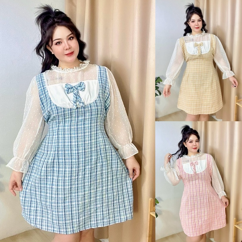 เดรสสาวอวบ เดรสทวิตสาวอวบ เดรสออกงาน แต่งผ้าชีฟองลายจุด หน้าผ้า 49“ อก 40-48”
