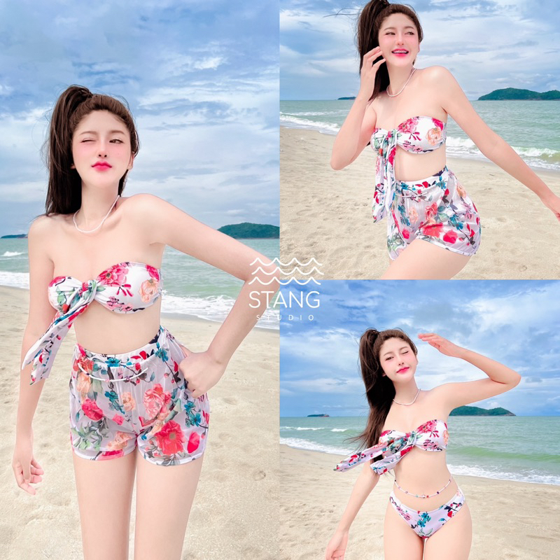 ชุดว่ายน้ำ 3 ชิ้น บิกินี่เกาะอก+กางเกงขาสั้น สีขาวลายดอกไม้สีแดง Size XS