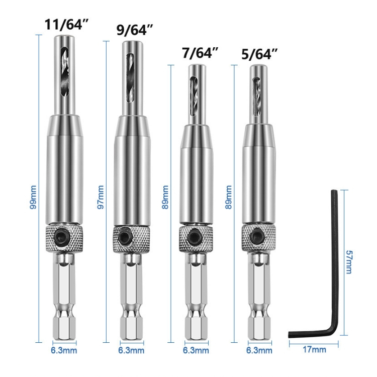 ดอกเจาะบานพับ ประตู ขนาด 2-4.5 mm 4 ชิ้น แกนหกเหลี่ยมแบบสวมเร็ว สำหรับใช้กับบานพับประตู เดือยลูกบิด แป้นสลักกลอน