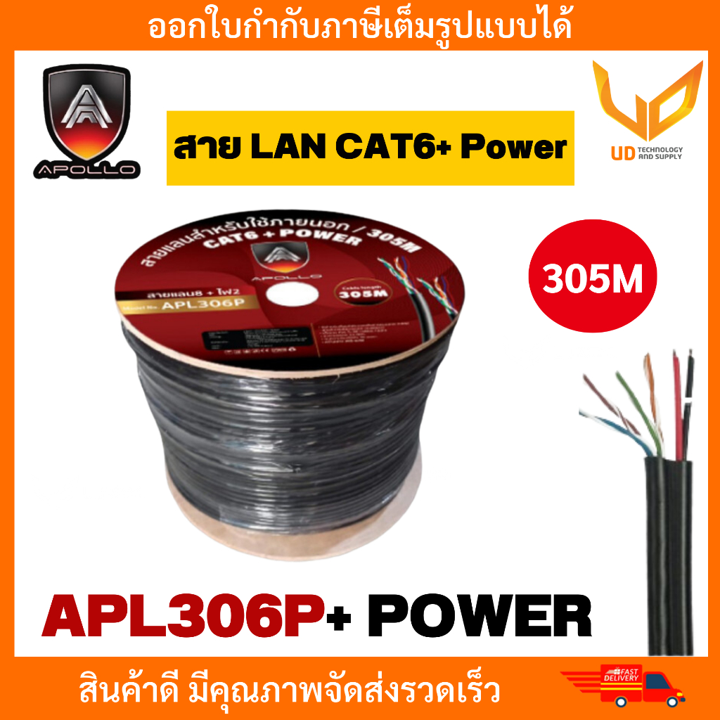 Apollo สายแลน CAT6 UTP Cable APL306P + PowerOUTDOOR (305m/Box) สำหรับใช้ภายนอกอาคาร พร้อมส่ง