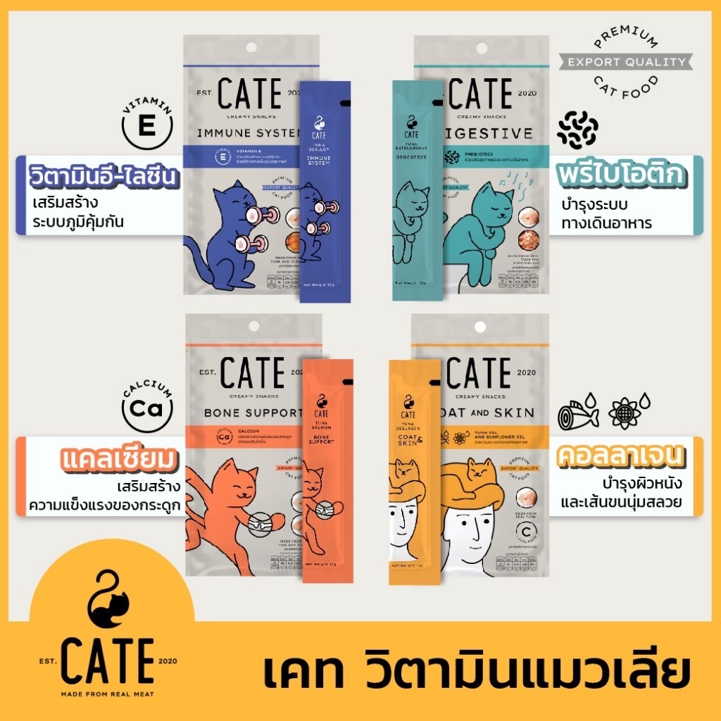 CATE เคท™ ขนมแมวเลียบำรุงสุขภาพ มี 4 สูตร (1แพค 4ซอง ซองละ12กรัม)