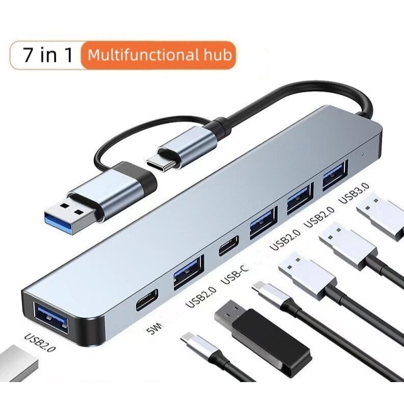 USB+TYPE C ฮับแยก USB 7in1 Type-C USB 3.0  พอร์ตเครื่องอ่านUSB พอร์ตสำหรับอุปกรณ์คอมพิวเตอร์