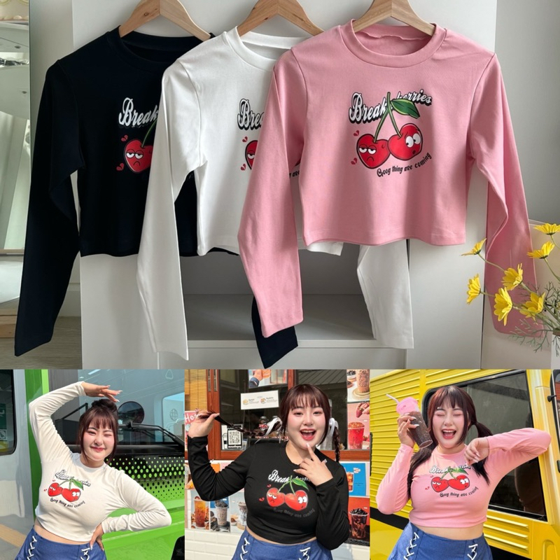 Cherry good เสื้อครอปเข้ารูปงานสาวอวบ สกรีนลายเชอร์รี่ อก30-48นิ้ว plussize