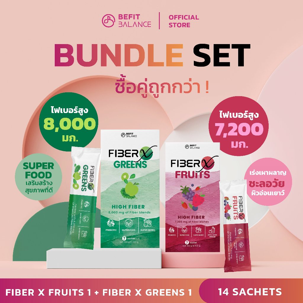 BeFitBalance Set 2 FIBER X ไฟเบอร์สูง ปรับสมดุลลำไส้และการขับถ่าย ลดระดับน้ำตาลในเลือด เสริมสร้างภูมิคุ้มกัน พรีไบโอติก