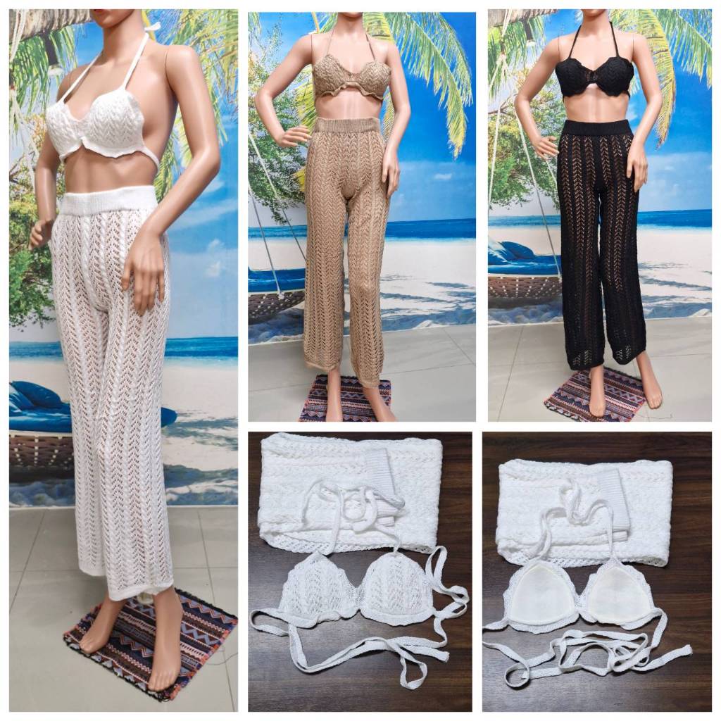 กางเกงขายาวถักโครเชต์ +Crop พร้อมแผ่นรอง  ชุด Set  CN-21253