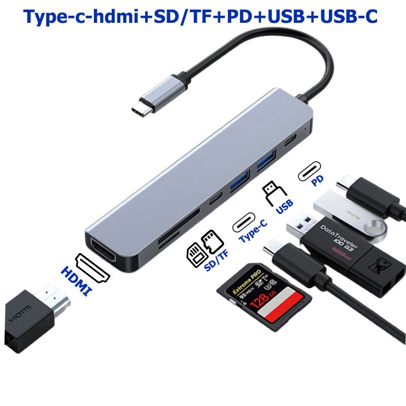 อะแดปเตอร์ฮับType-c HUB USB-C รองรับสูงสุด HDMI 4K 30Hz+ USB2.0+USB3.0+PD+SD/TF