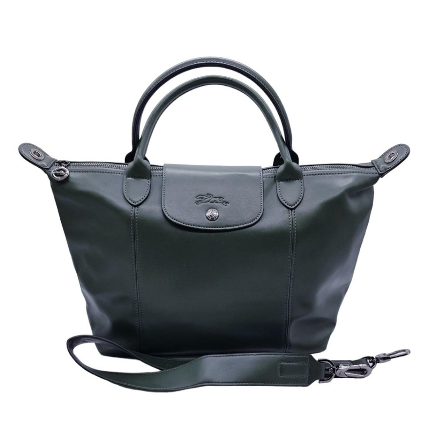 👜กระเป๋า Longchamp Le Pliage Cuir Dark Green Chalk Leather Shoulder Bag Tote Foldable สินค้ามือสอง