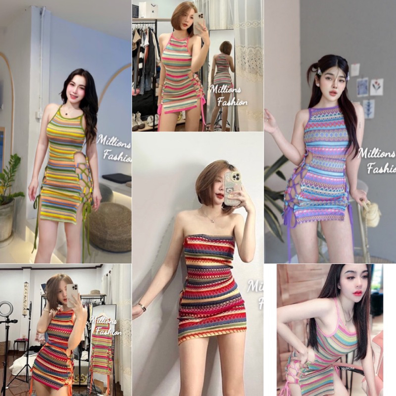 💕ShopBypuy💕เดรสเกาะอกผ้าทอสีเรนโบว์รูดข้างแซ่บๆ🔥ครบสี