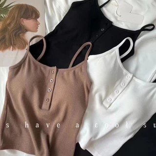 เสื้อสายเดี่ยวผู้หญิง สายเดี่ยวแต่งกระดุม B-102 แฟชั่นเกาหลีสุดน่ารัก ผ้านุ่มใส่สบาย มีฟองน้ำในตัว